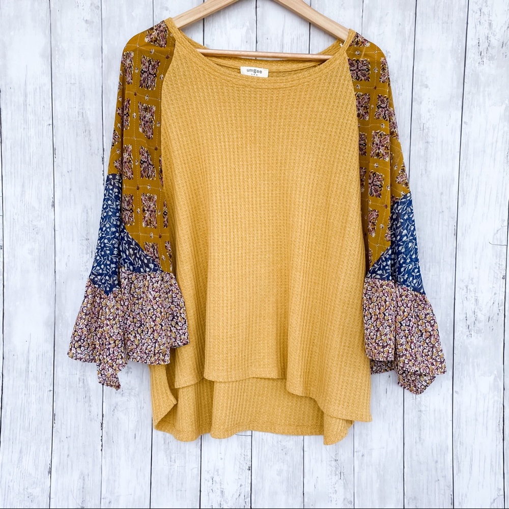 Umgee Waffle Knit Floral Boho Top Size Medium
